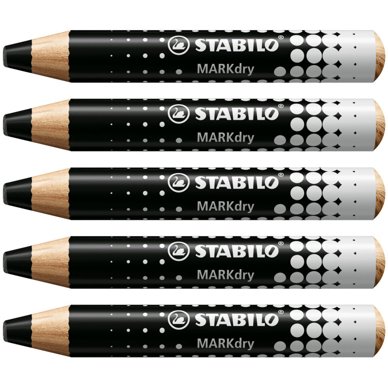 STABILO MARKdry - Crayon marqueur - Lot x 5 Crayons Ardoises et Tableaux blancs, Crayon Large à Mine XXL, Effaçable - noir STABILO MARKdry - Crayon marqueur - Lot x 5 Crayons Ardoises et Tableaux blancs, Crayon Large à Mine XXL, Effaçable - noir