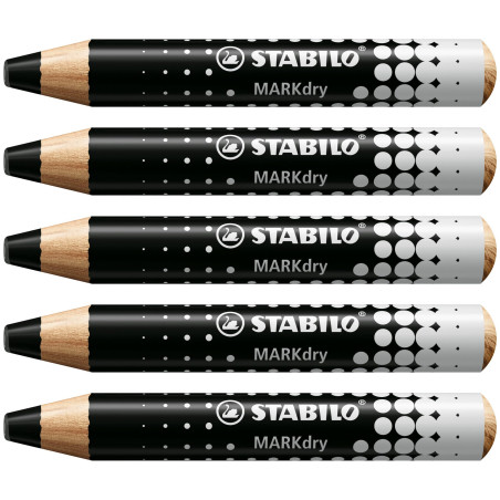STABILO MARKdry - Crayon marqueur - Lot x 5 Crayons Ardoises et Tableaux blancs, Crayon Large à Mine XXL, Effaçable - noir
