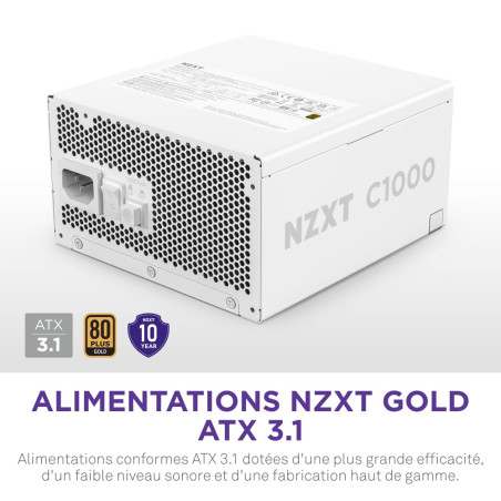 NZXT C1000 Gold ATX 3.1 - Alimentation entièrement modulaire et silencieuse pour Jeux vidéo sur PC - 1000 Watts - 80 Plus Gold -