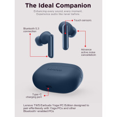 Lenovo TWS Yoga PC Edition Écouteurs avec Suppression Active du Bruit, Bluetooth 5.3, Écouteurs sans Fil, ENC 3 micros Appels cl