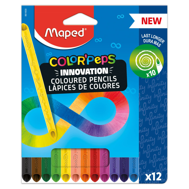 Maped Crayons de couleur Color'Peps Infinity – 12 couleurs – 100% mine colorée – Pas besoin d'affûter – 100% utilisable, zéro ga Maped Crayons de couleur Color'Peps Infinity – 12 couleurs – 100% mine colorée – Pas besoin d'affûter – 100% utilisable, zéro ga
