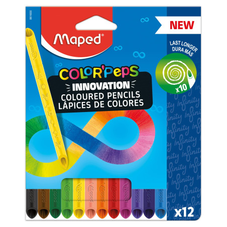 Maped Crayons de couleur Color'Peps Infinity – 12 couleurs – 100% mine colorée – Pas besoin d'affûter – 100% utilisable, zéro ga