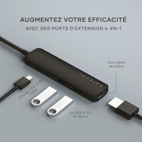 SATECHI 4 en 1 Hub USB C Slim Plus Adaptateur Multiport avec Charge PD 100W, HDMI 4K@60Hz et 2X Ports USB-A Données 10Gbps pour