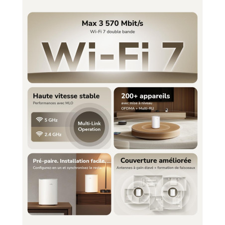 Cudy Système maillé WiFi 7 double bande BE3600, 3,6 Gbit/s, couverture 7 000 m², 3 ports Gigabit, multi-VPN, contrôle par applic