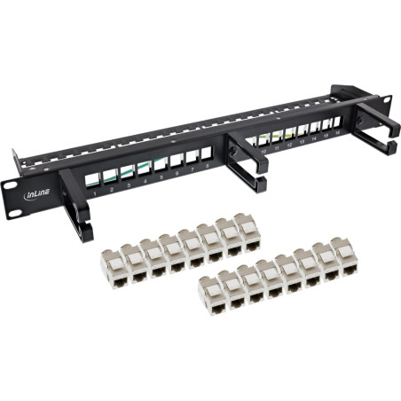 InLine Panneau de Brassage Cat.6A 16 Compartiments, 19" 1U, 16 Ports Keystone, 10 GB/s & PoE++, Gestion des câbles intégrée, boî