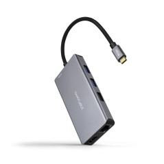 NANOCABLE 10.16.1009 - Hub Convertisseur 9 en 1, Connecteur USB-C 3.2 GEN1 5G Mâle vers 3 Ports USB-A + 2 Ports HDMI + RJ45 + TF
