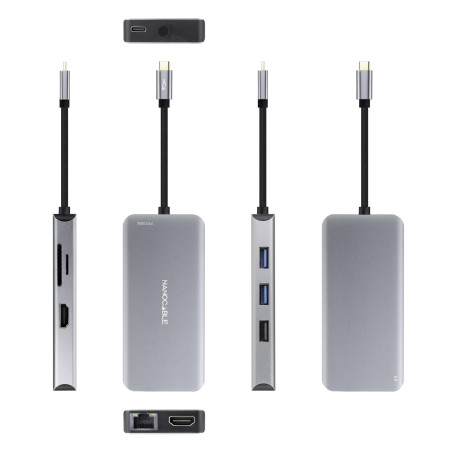 NANOCABLE 10.16.1009 - Hub Convertisseur 9 en 1, Connecteur USB-C 3.2 GEN1 5G Mâle vers 3 Ports USB-A + 2 Ports HDMI + RJ45 + TF