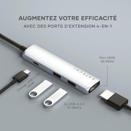 SATECHI 4 en 1 Hub USB C Slim Plus Adaptateur Multiport avec Charge PD 100W, HDMI 4K@60Hz et 2X Ports USB-A Données 10Gbps pour