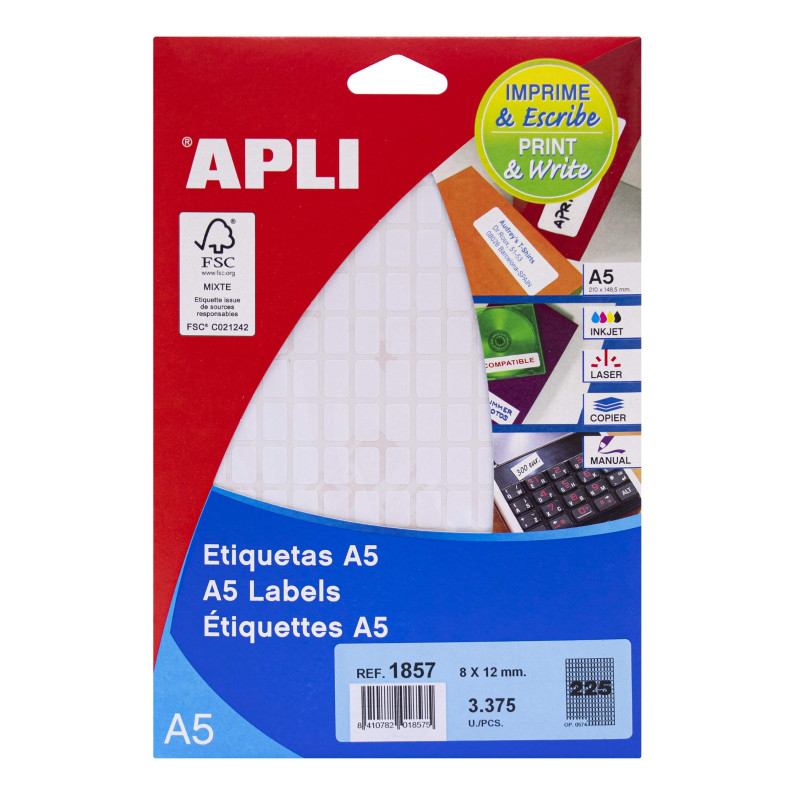APLI 1857 Étiquettes A5 blanches 8,0 x 12,0 mm 15 feuilles