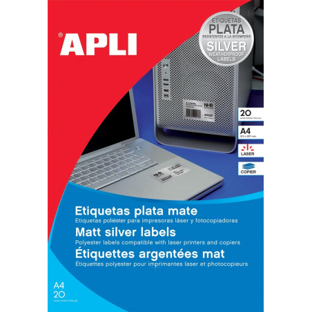 APLI Etui 20 étiquette A4 210x297 mm (1 x 20F A4) Las/Cop Coin Droit Polyester Argent