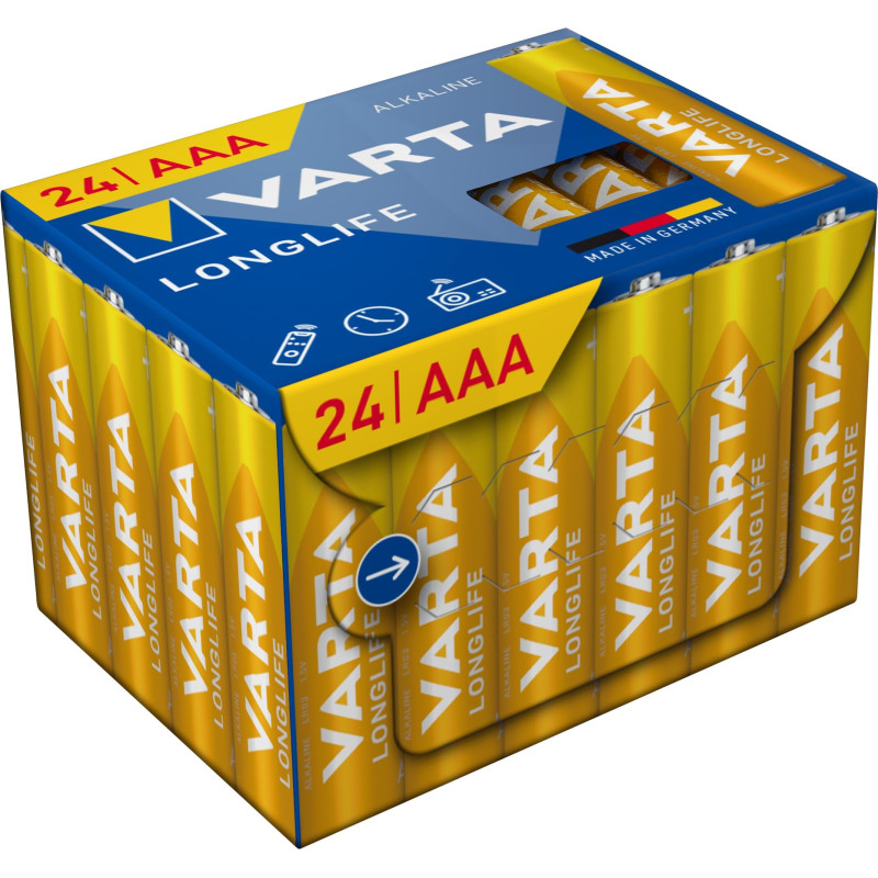 VARTA Piles AAA, paquet de 24, Longlife Power, alcalines, 1,5V, Cube, emballage recyclé à 90%, adaptées pour les télécommandes, VARTA Piles AAA, paquet de 24, Longlife Power, alcalines, 1,5V, Cube, emballage recyclé à 90%, adaptées pour les télécommandes,