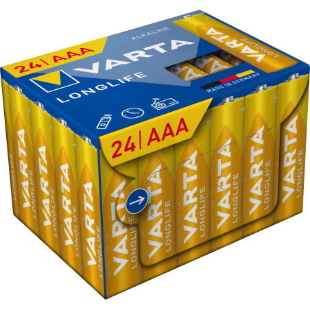 VARTA Piles AAA, paquet de 24, Longlife Power, alcalines, 1,5V, Cube, emballage recyclé à 90%, adaptées pour les télécommandes,