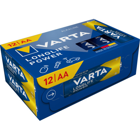 VARTA Piles AA, lot de 12, Longlife Power, Alcalines, 1,5V, Cube, emballage recyclé à 90%, adaptées aux jouets, souris sans fil,
