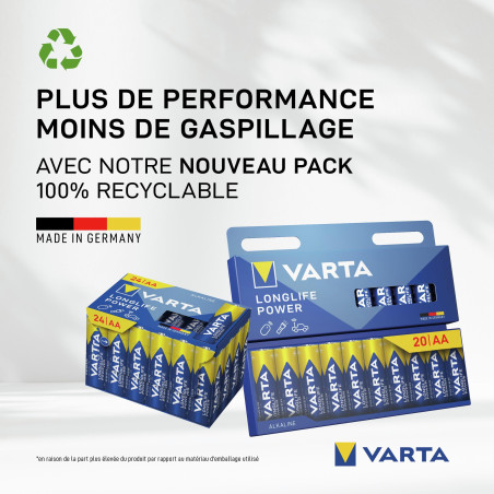 VARTA Piles AA, lot de 12, Longlife Power, Alcalines, 1,5V, Cube, emballage recyclé à 90%, adaptées aux jouets, souris sans fil,