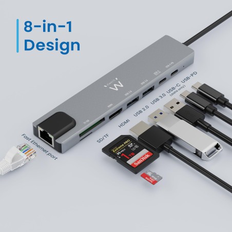 Ewent EW1146 USB-C HDMI 8-en-1 Hub, USB-C to Dock Multiport 8-in-1, USB C Hub with 1000Mbps Ethernet, HDMI 4K, 1 USB-C PD Port,