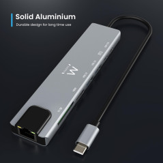 Ewent EW1146 USB-C HDMI 8-en-1 Hub, USB-C to Dock Multiport 8-in-1, USB C Hub with 1000Mbps Ethernet, HDMI 4K, 1 USB-C PD Port, 