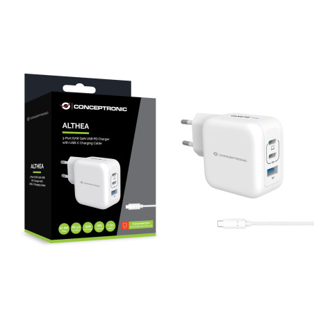 Caricabatterie USB PD GaN Conceptronic a 3 porte da 67 W con cavo di ricarica USB-C, USB-C x 2, USB-A x 1, QC 3.0, PPS, Interno,