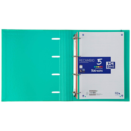 Oxford, Classeur 4 anneaux A4+ avec recharge et caoutchouc, couverture rigide, 80 feuilles, quadrillage 5 x 5, couleur menthe gl