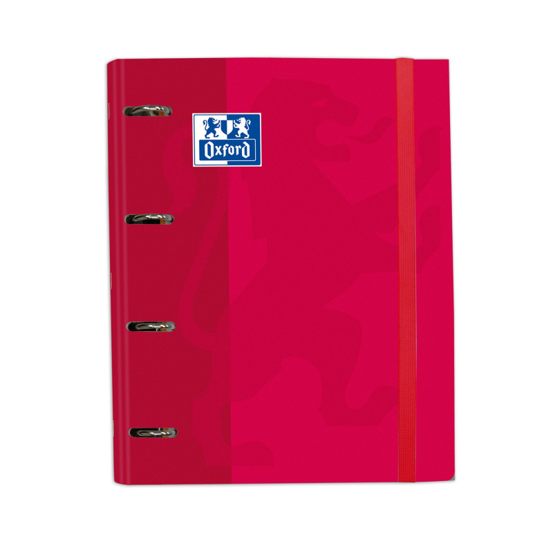 Oxford, Classeur 4 anneaux A4+ couverture extra rigide avec élastique. Recharge quadrillée 5 x 5, couleur rouge Oxford, Classeur 4 anneaux A4+ couverture extra rigide avec élastique. Recharge quadrillée 5 x 5, couleur rouge
