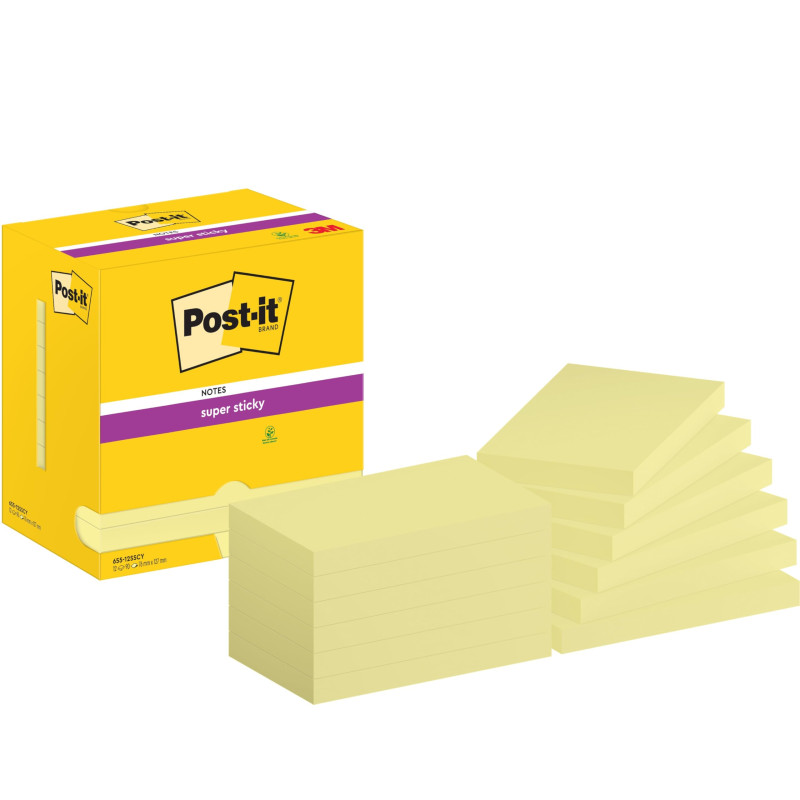Post-it Notes Autocollantes Super Sticky, Pack Promo, 12 Blocs, 90 Feuilles par Bloc, 76 mm x 127 mm, Jaune Pastel - Feuillets S