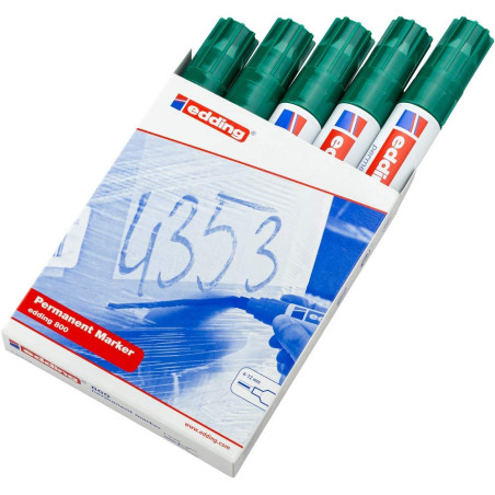 edding 800 Marqueur permanent - vert - 5 stylos - pointe biseautée 4-12 mm - pour des marquages larges - sèche vite, résiste à l