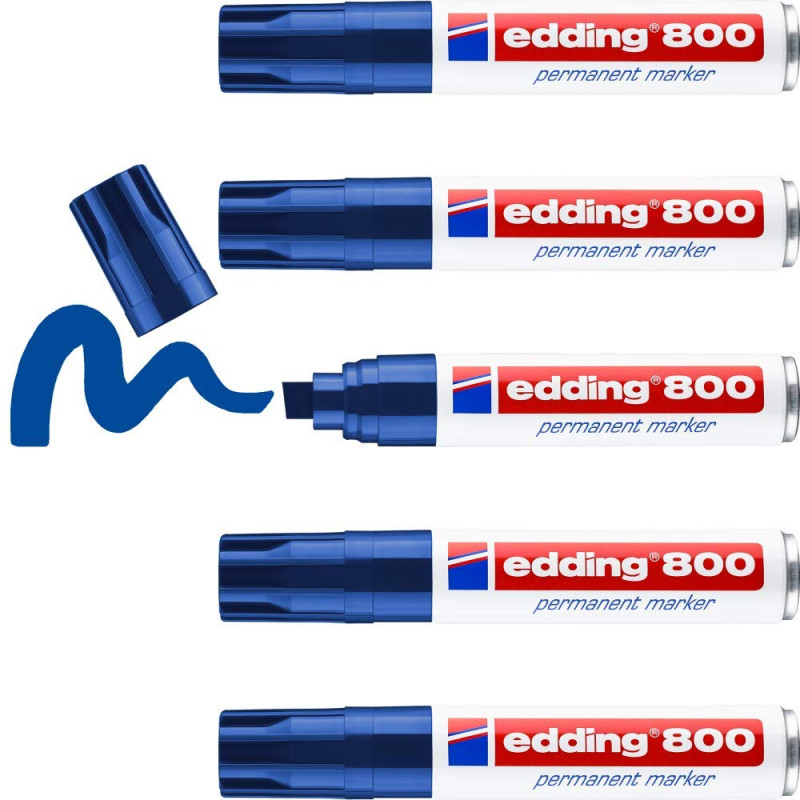 edding 800 Marqueur permanent - bleu - 5 stylos - pointe biseautée 4-12 mm - pour des marquages larges - sèche vite, résiste à l edding 800 Marqueur permanent - bleu - 5 stylos - pointe biseautée 4-12 mm - pour des marquages larges - sèche vite, résiste à l