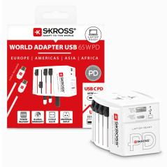 SKROSS -MUV USB AC65PD + Cavo Type C (160cm) - Adattatore Universale da Viaggio a 2 Poli + 1x Type C & 1 x Type A 65W- Tensione 