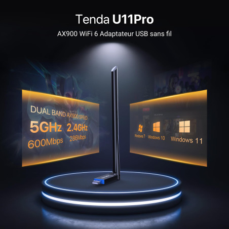 Tenda Clé WiFi Puissante AX900Mbps, USB Antenne WiFi 6dBi, Double Bande 5/2.4 Ghz, Soft-AP, WPA2, Windows7/10/11, U11 Pro