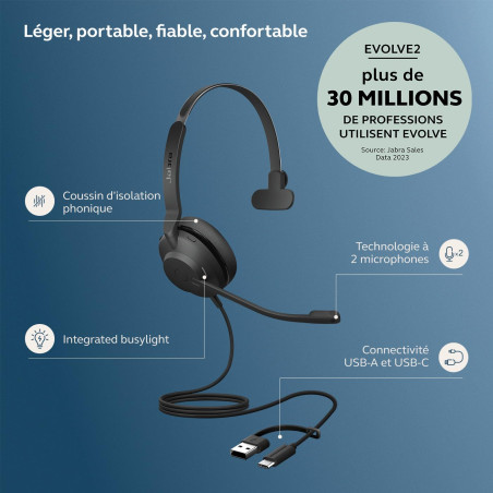 Jabra Evolve2 30 SE Téléphone on Ear Casque Filaire Mono Noir Microphone Réduction du Bruit Réduction du Bruit He