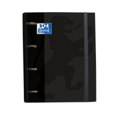 Oxford, Classeur 4 anneaux A4+ couverture extra rigide avec élastique. Recharge quadrillée 5 x 5. Couleur noire