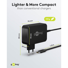 goobay 65W Chargeur USB C Ordinateur Portable avec 1,8 m Câble de Charge Power Delivery 65W USB C Alimentation - avec câble et P