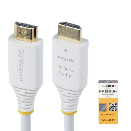 StarTech.com Câble HDMI Haut Débit Certifié Premium de 1,8m, 4K 60Hz/1440p 144Hz, 18Gbps, Cordon HDMI 2.0, Gaine TPE, Blanc