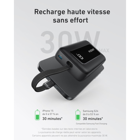 Anker Zolo Batterie Externe, Power Bank Haute Vitesse 10000mAh 30W, Câble USB-C Intégré, 1 Port USB-C & A, pour iPhone 17/17 Pro