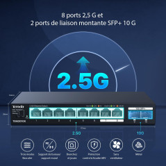 Tenda Switch 2.5 Gigabit, Switch Ethernet 2.5Gbps, 8 Ports RJ45 2.5G, 2 Ports SFP+ 10G (VLAN, Agrégation Statique, Non Manageabl
