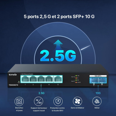 Tenda Switch 2,5 Gigabit, commutateur Ethernet 5 Ports 2,5G, 2 Ports SFP+ 10 Gbit/s, commutateur LAN Ethernet 2,5 Gigabit Non gé