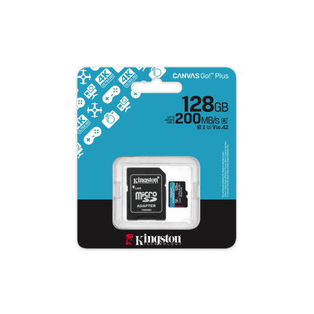 Kingston Canvas Go Plus microSDXC Memory Card Gen4 200MB/s A2 U3 V30 128GB Card - Adapter-SDCG4/128GB