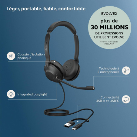 Jabra Evolve2 30 SE - USB-A/USB-C - Double Casque Filaire certifié pour Microsoft Teams