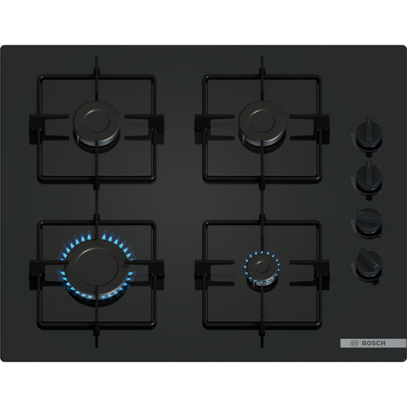Bosch POP6B6K30, Série 2, Plaque gaz, 4 feux, 60 cm, Verre trempé noir