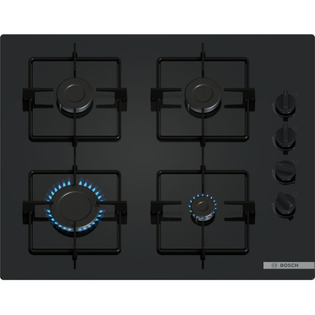 Bosch POP6B6K30, Série 2, Plaque gaz, 4 feux, 60 cm, Verre trempé noir