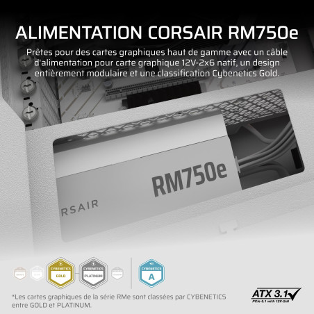 CORSAIR RM750e (2025) Alimentation ATX Entièrement Modulaire à Faible Bruit avec Câble 12V-2x6 – Compatible ATX 3.1 et PCIe 5.1,