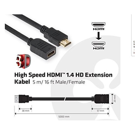 Club 3D HDMI Rallonge Fiche mâle HDMI-A, Prise Femelle HDMI-A 5.00 m Noir CAC-1320 Câble HDMI