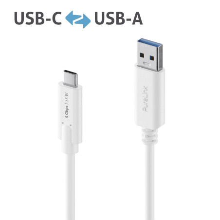 PureLink Câble USB-C vers USB-A, USB 3.1 Gen 1 avec transfert de données 5 GO/s, blanc, 1,00 m