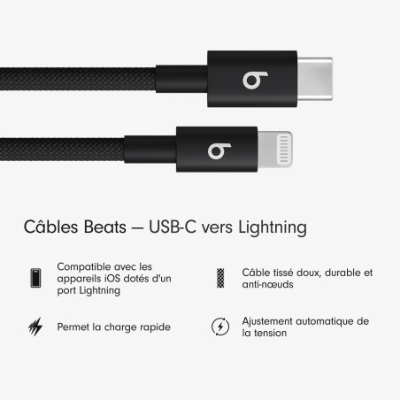 Beats USB-C vers Lightning Câble tissé , charge rapide, durable/anti-nœuds, chargeur compatible pour les appareils Apple à port 