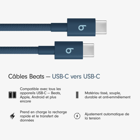 Beats USB-C vers USB-C Câble tissé, charge rapide, durable/anti-nœuds, chargeur compatible pour les appareils Apple et Android (