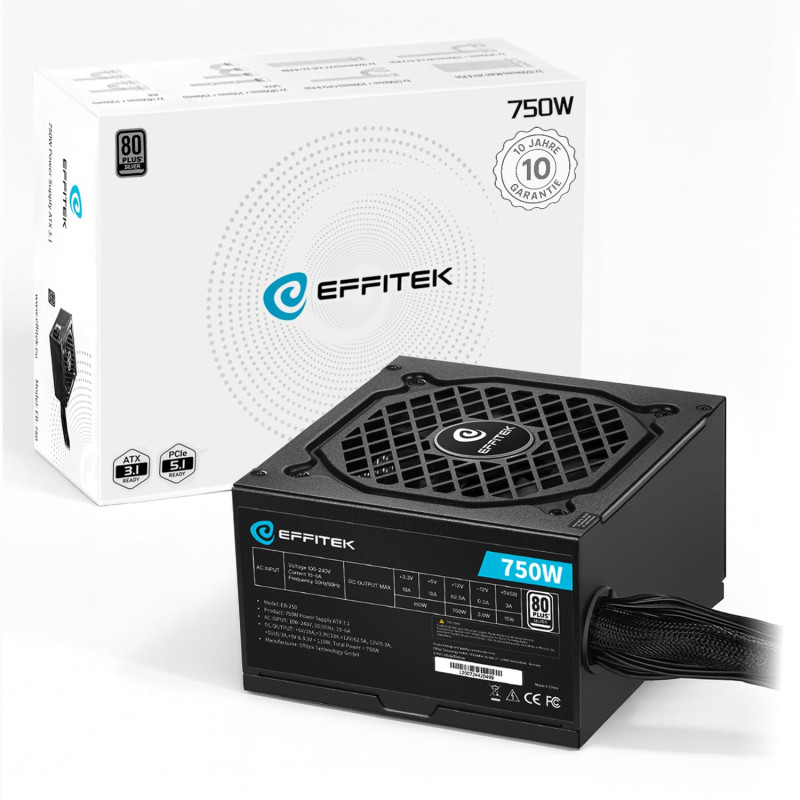 EFFITEK Bloc d'alimentation 750 W pour PC Gaming ATX 3.1 et PCIe 5.1 [Série argenté] 80 Plus Argent I Bloc d'alimentation 12 V I