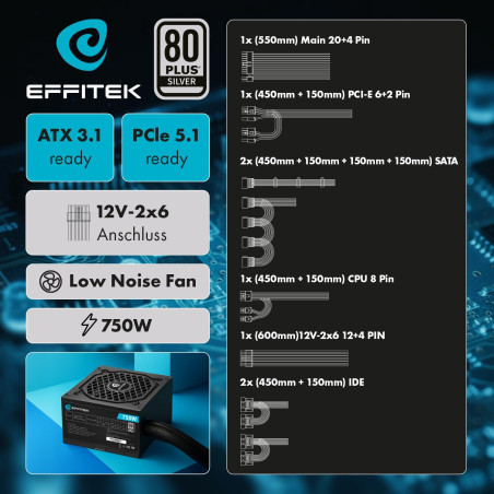 EFFITEK Bloc d'alimentation 750 W pour PC Gaming ATX 3.1 et PCIe 5.1 [Série argenté] 80 Plus Argent I Bloc d'alimentation 12 V I