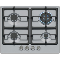 Bosch PGH6B5K90 Série 4 Plateau Cuisson à Gaz, Brûleur Wok : Puissance jusqu'à 3,3 Kw, Grilles en fonte, Acier, 60 Cm, 3 zones +