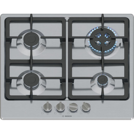 Bosch PGH6B5K90 Série 4 Plateau Cuisson à Gaz, Brûleur Wok : Puissance jusqu'à 3,3 Kw, Grilles en fonte, Acier, 60 Cm, 3 zones +