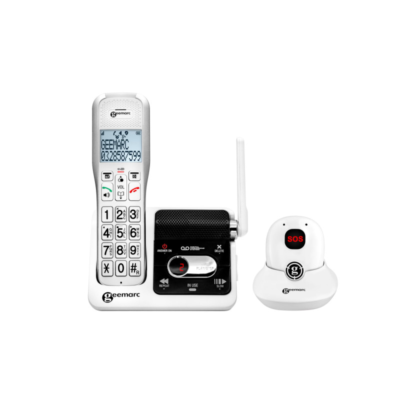 Geemarc Amplidect 595 SOS Pro - Téléphone Amplifié sans Fil et Son Médaillon d’Appel d’Urgence avec Répondeur et Grosses Touches Geemarc Amplidect 595 SOS Pro - Téléphone Amplifié sans Fil et Son Médaillon d’Appel d’Urgence avec Répondeur et Grosses Touches