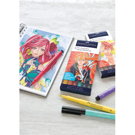 FABER-CASTELL 167155 - Set de stylos à encre Shôjo, étui avec 6 stylos pinceaux i, adaptés au dessin précis et aux œuvres d'art